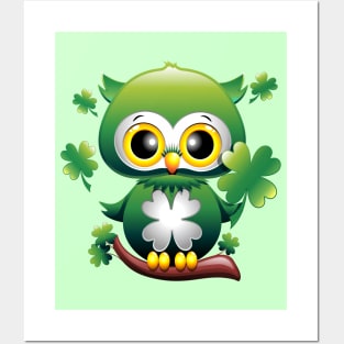 Owl St Patrick's Day Cute Character with Shamrocks Posters and Art